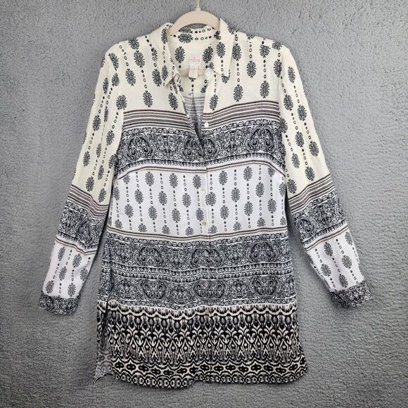 Chicos Tunic Top Womens Small Black Cream White Button-up Bohemian Boho Chic - Picture 1 of 13
